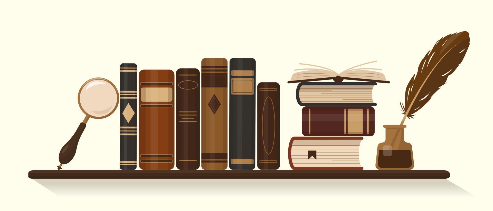 bibliothèque avec livres bruns anciens ou historiques, encrier avec plume d'oie et loupe. illustration vectorielle. vecteur