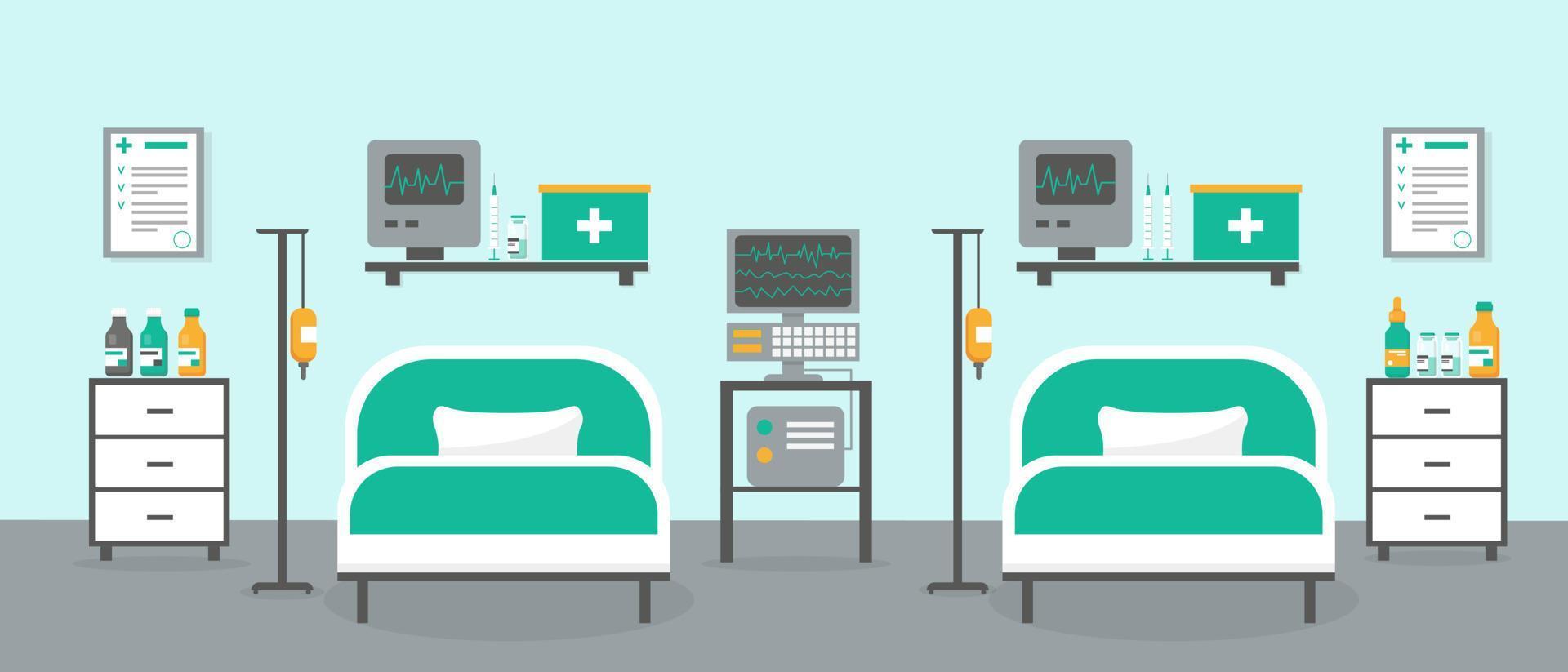 salle de thérapie intensive avec deux lits et équipement médical. intérieur de la chambre d'hôpital ou de clinique. illustration vectorielle. vecteur