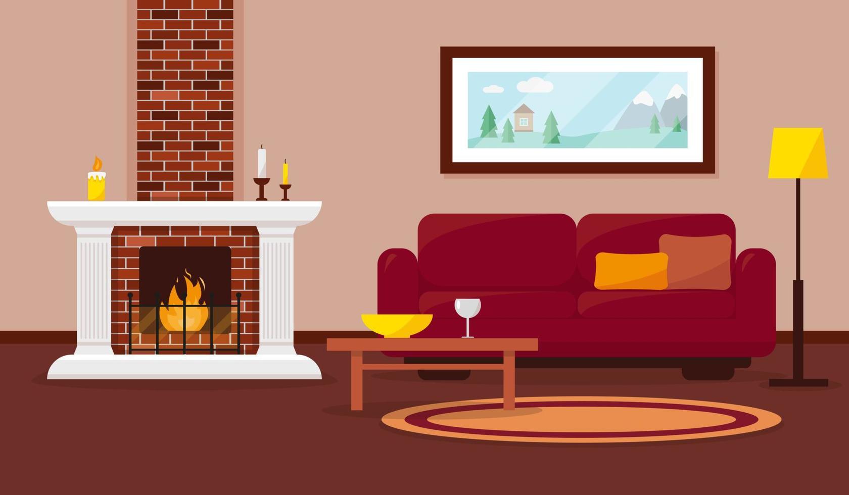 salon cosy avec cheminée, meuble et tableau au mur. illustration vectorielle de design d'intérieur. vecteur