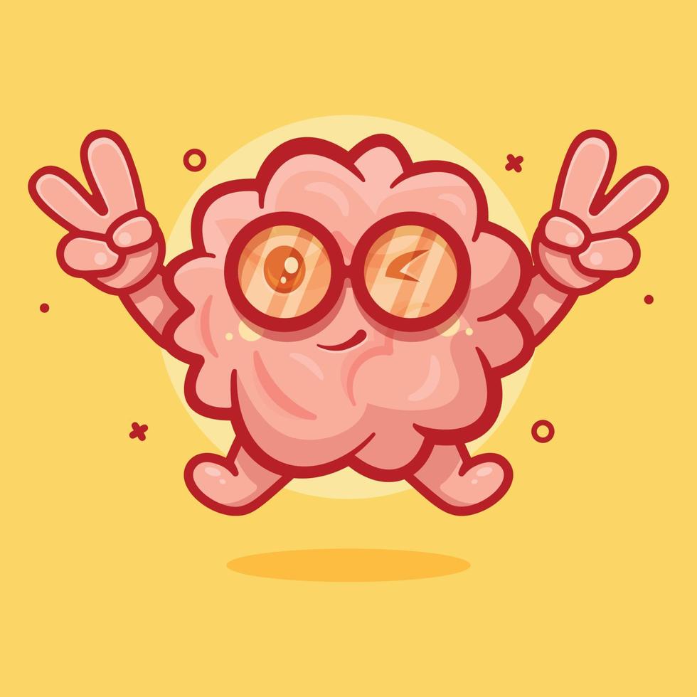 mascotte de personnage de cerveau mignon avec signe de paix geste de la main dessin animé isolé dans un style plat vecteur