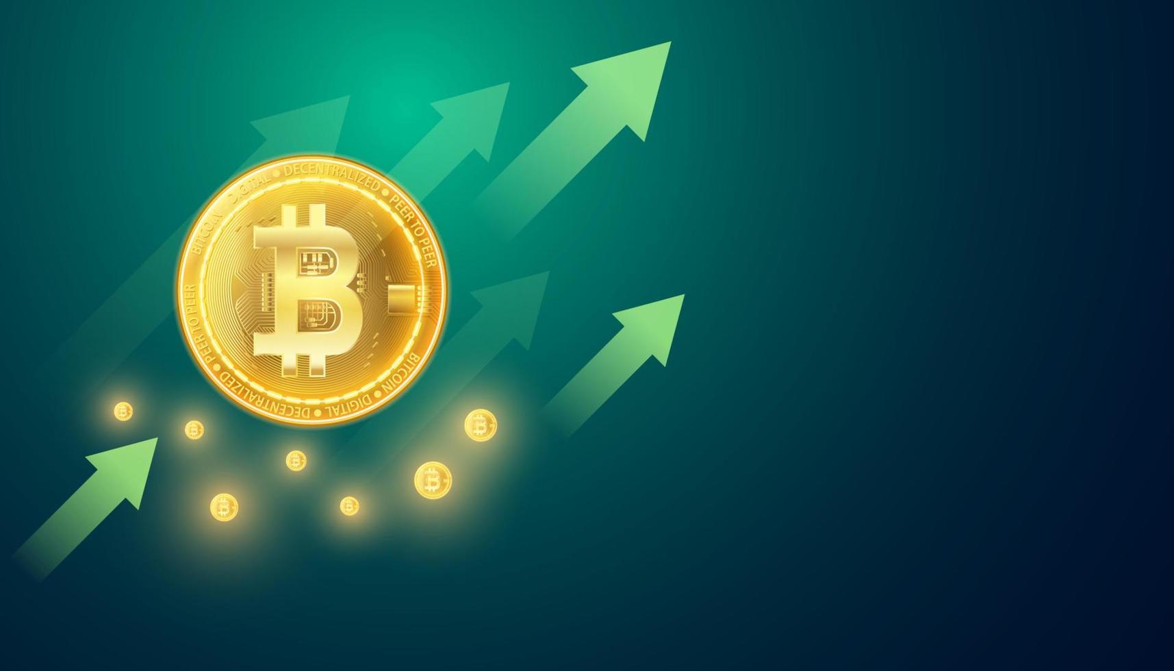 bitcoin abstrait crypto-monnaie décentralisée dans une période haussière, graphique ascendant, signal haussier, vert, sur fond bleu-vert, futuriste, moderne. vecteur