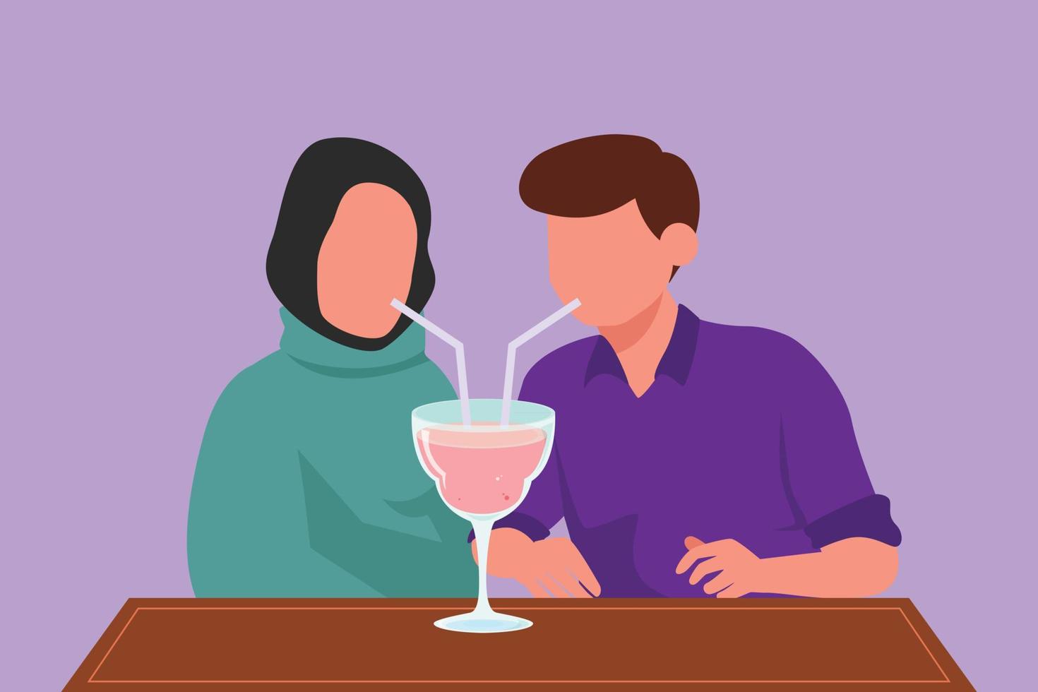 personnage plat dessinant un jeune couple arabe buvant à l'aide de pailles et de grands verres ensemble au café. célébrer les anniversaires et profiter d'un dîner romantique au restaurant. illustration vectorielle de dessin animé vecteur