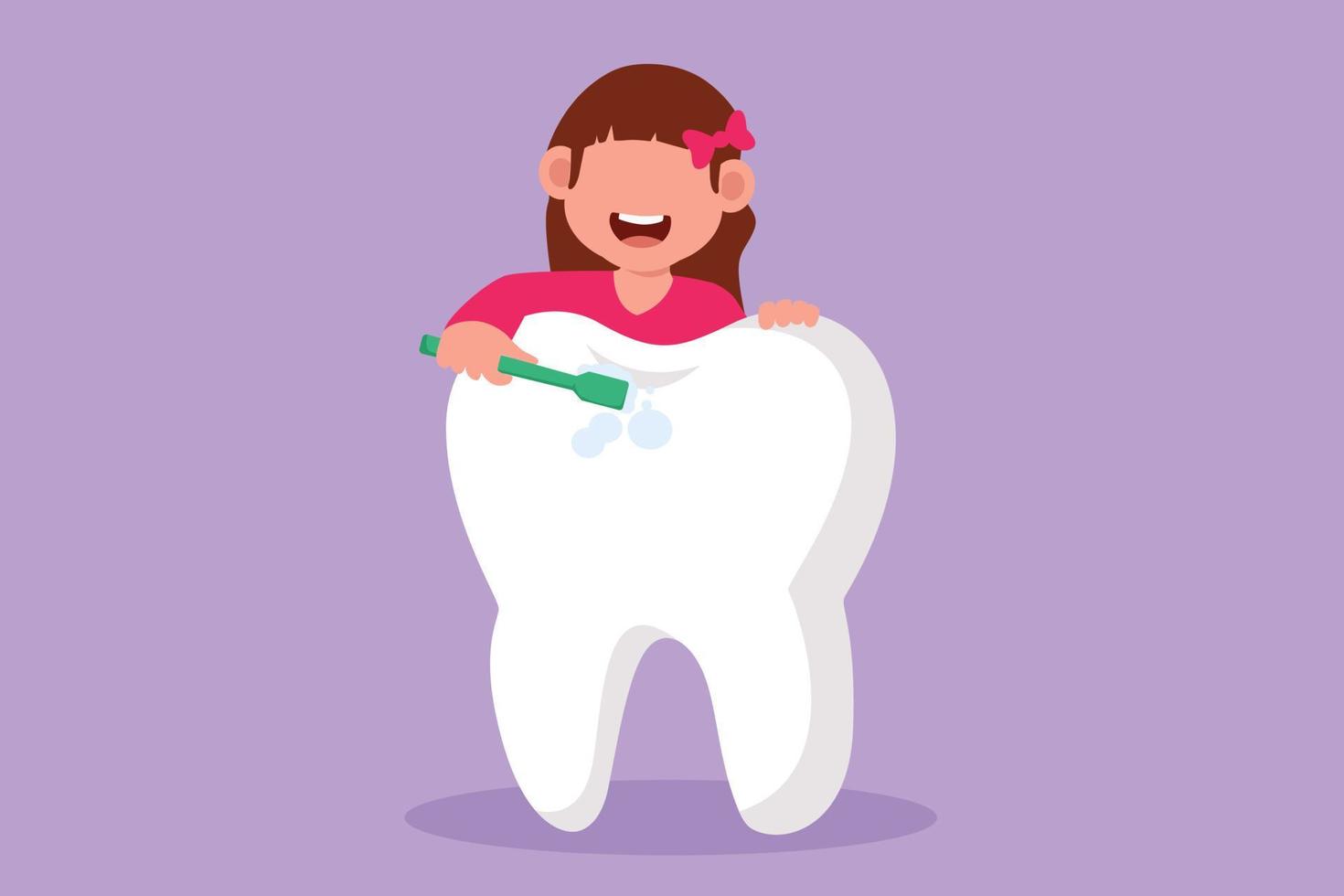 dessin plat de personnage de petite fille se brosser les dents géantes avec une brosse à dents. clinique dentaire, hôpital dentaire, centre de soins bucco-dentaires. campagne de dents saines pour les enfants. illustration vectorielle de dessin animé vecteur