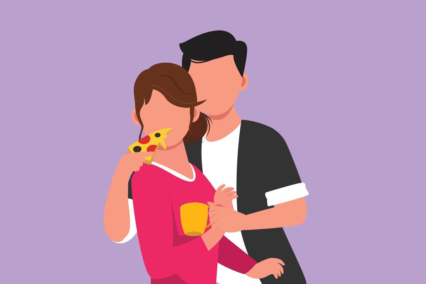 personnage plat dessinant un homme tenant une tasse de café et nourrissant une femme avec une délicieuse pizza italienne. célébrez les anniversaires de mariage et profitez d'un moment romantique au café. illustration vectorielle de dessin animé vecteur