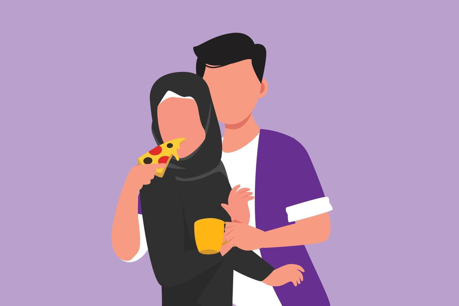 conception graphique à plat dessin homme arabe tenant une tasse de café et nourrissant une femme avec une pizza italienne. célébrez les anniversaires de mariage et profitez d'un moment romantique au café. illustration vectorielle de style dessin animé vecteur