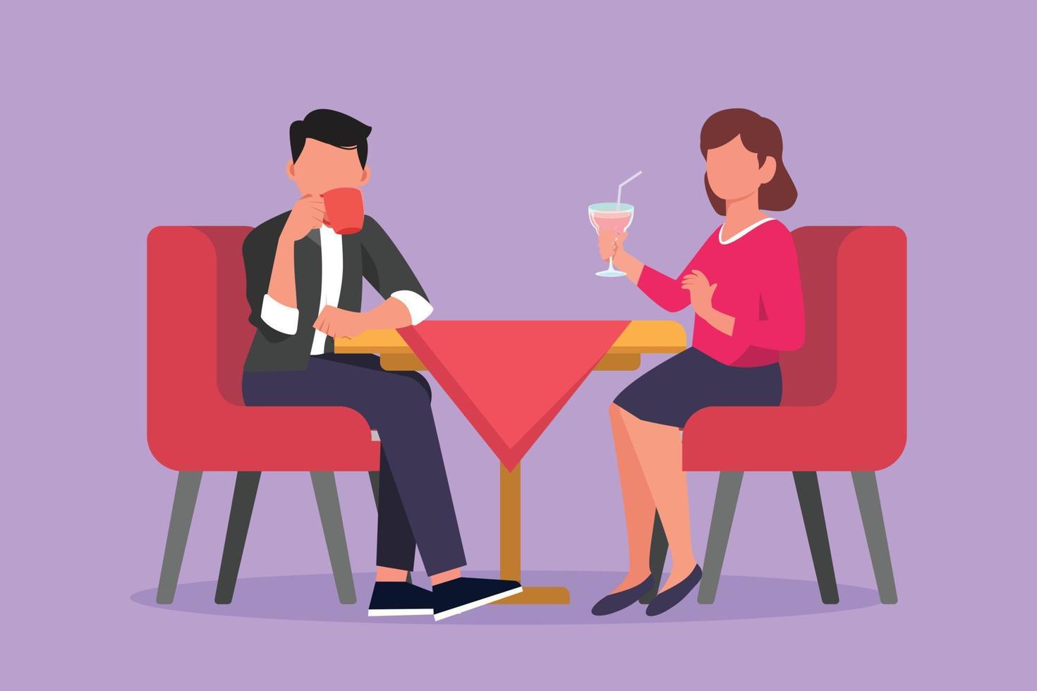 design plat graphique dessinant un couple assis et buvant un café ou un milkshake. homme et femme en train de dîner romantique au café. célébrer l'anniversaire de mariage au restaurant. illustration vectorielle de style dessin animé vecteur