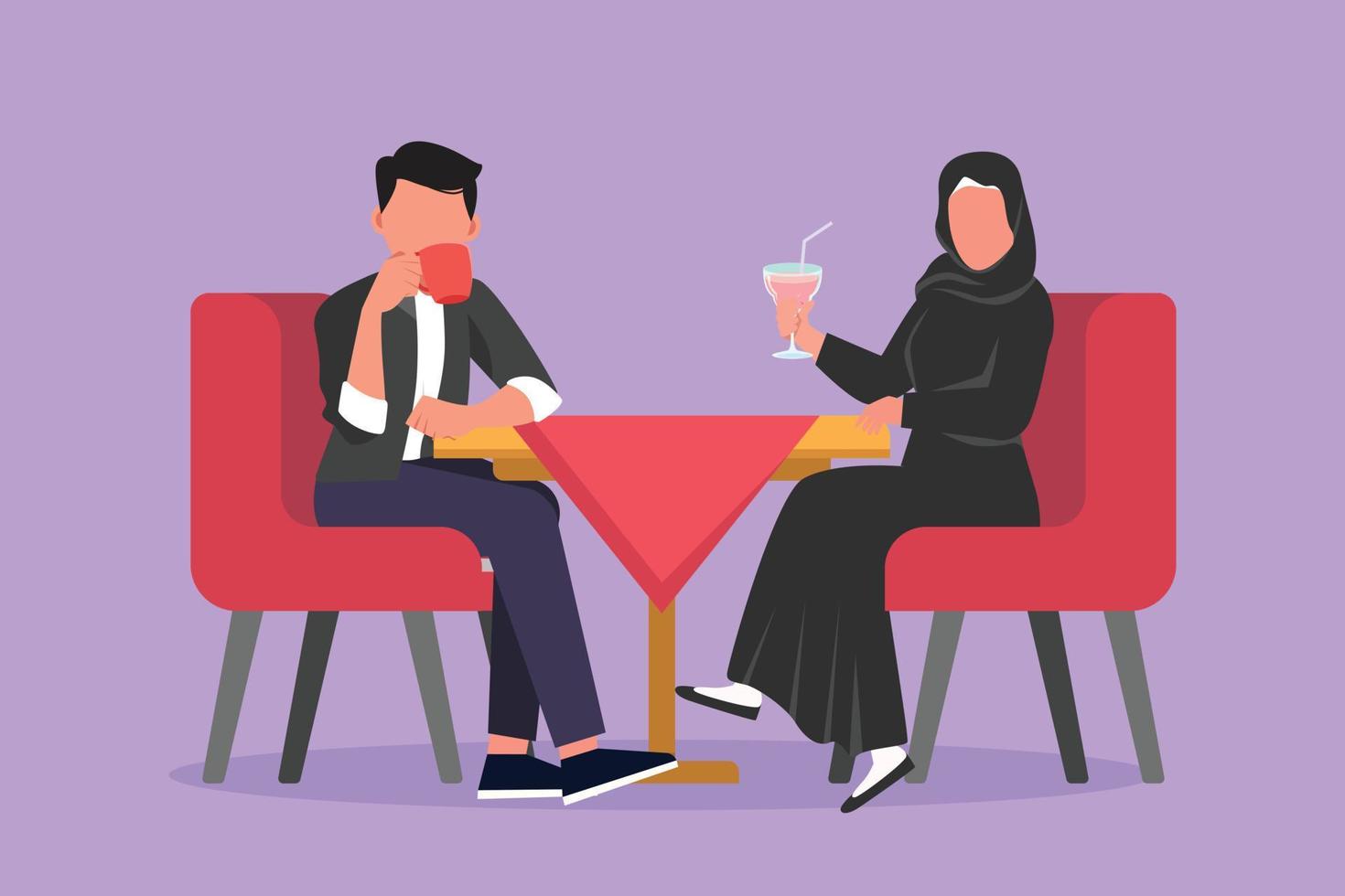 dessin animé à plat dessinant un couple arabe assis et buvant du café ou du milkshake. homme et femme en train de dîner romantique au café. célébrer l'anniversaire au restaurant. illustration vectorielle de conception graphique vecteur