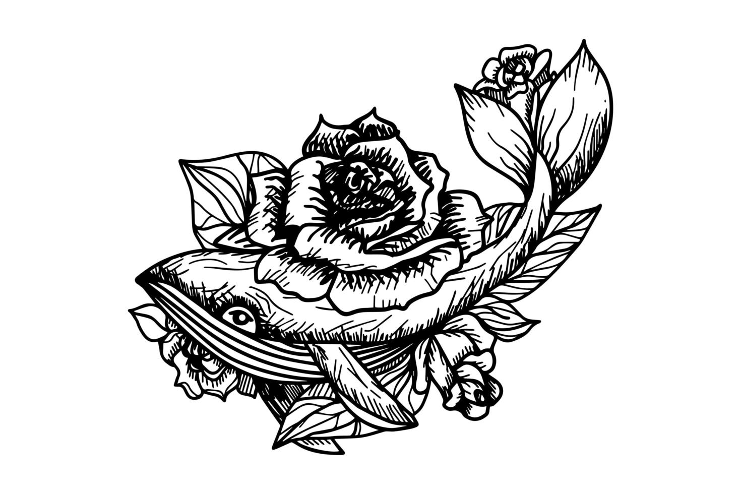 baleine et fleurs roses illustration vectorielle dessinés à la main vecteur