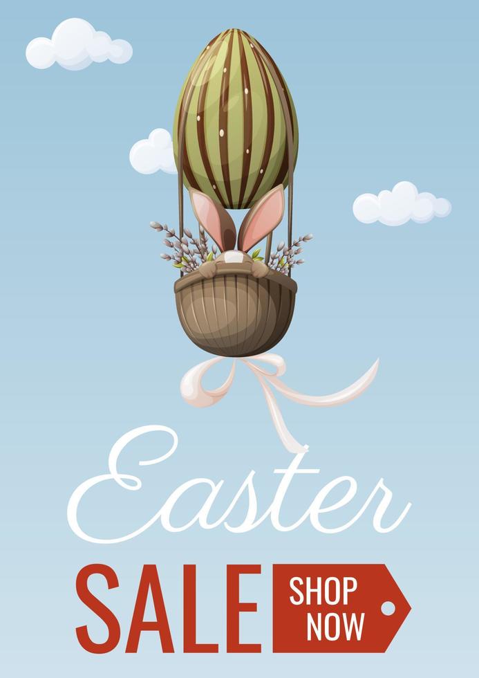 vente de pâques. un lapin vole dans un ballon en forme d'oeuf, des brindilles de saule. illustration vectorielle pour les vacances de printemps. pour bannière, affiche, flyer vecteur