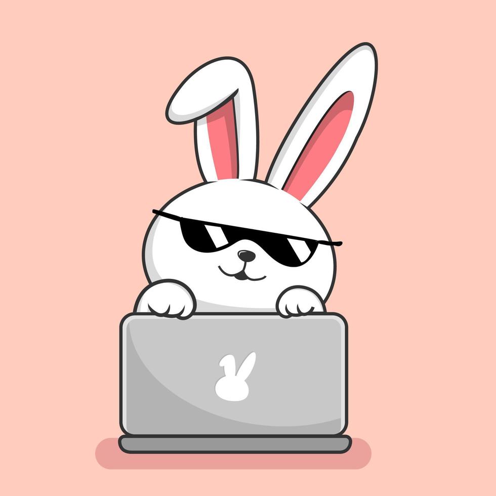 lapin mignon jouant au dessin animé pour ordinateur portable - lapin se cachant derrière un ordinateur portable cool avec des lunettes de soleil vecteur