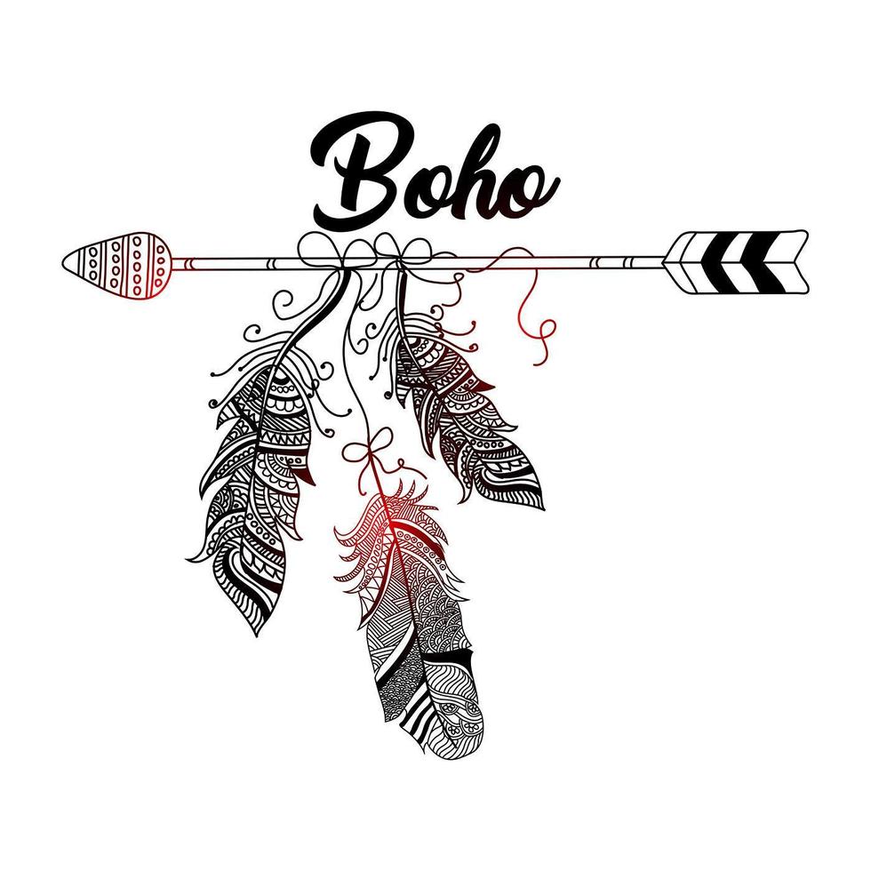 style boho dessiné à la main de flèche décorative avec des plumes vecteur