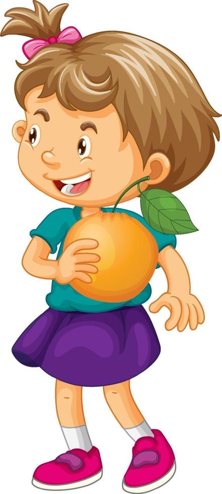 Une fille tenant un personnage de dessin animé de fruits orange isolé sur fond blanc vecteur