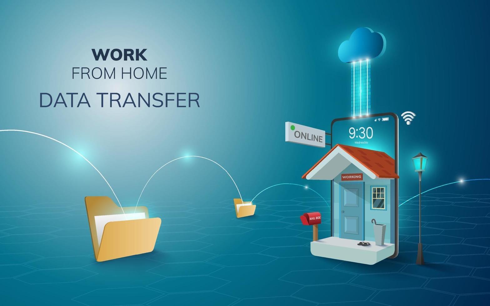 travail en ligne numérique à domicile sur téléphone, fond de site Web mobile. concept de transfert de données à distance sociale vecteur