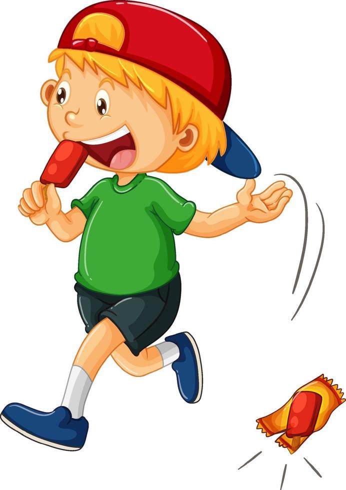 un garçon jetant des ordures sur le personnage de dessin animé au sol vecteur