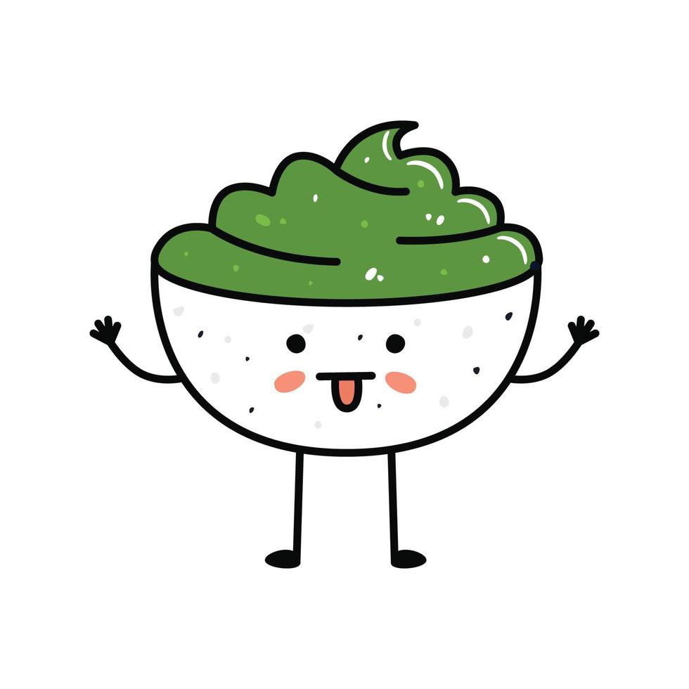 mascotte de sushi kawaii en style dessin animé. joli bol de wasabi pour le menu vecteur