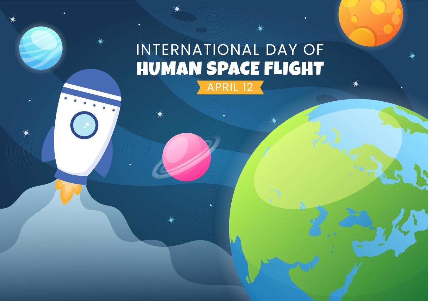 journée internationale des vols spatiaux humains le 12 avril illustration avec fusée et enfants astronaute en dessin animé plat dessinés à la main pour les modèles de page de destination vecteur