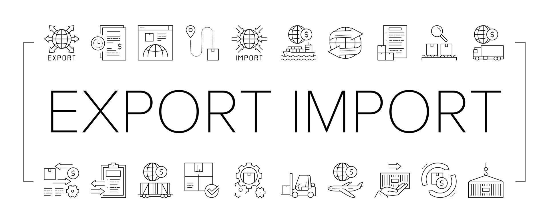 icônes de collection logistique d'exportation d'importation définies vecteur