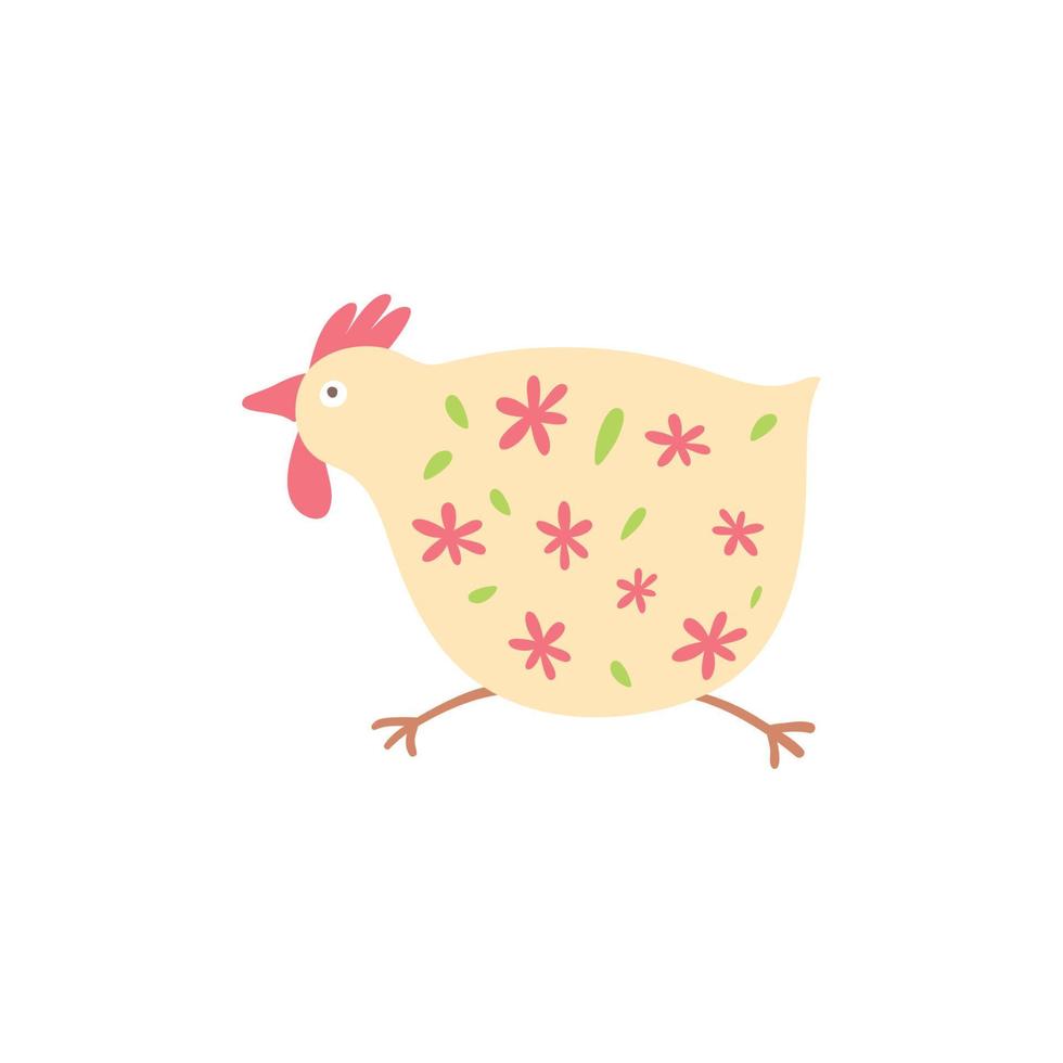 poule mignonne isolée sur blanc. coq mignon enfantin avec ornement floral. illustration vectorielle de poulet en cours d'exécution. coq de printemps. élément graphique de dessin animé de poule peint à la main. joyeuses Pâques. vecteur