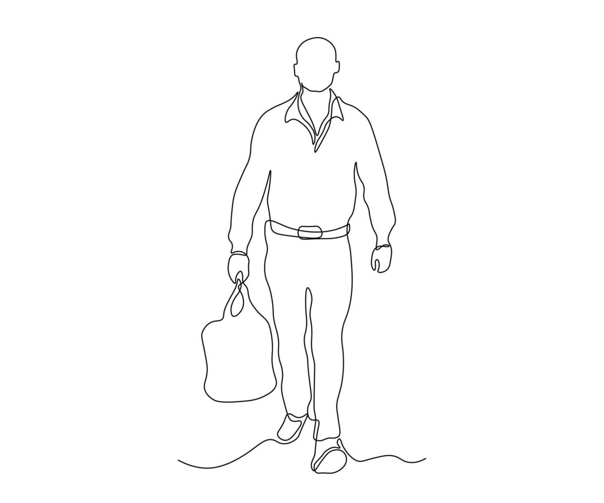 homme abstrait sans visage avec un grand sac, bagages, à l'aéroport, dessiné à la main, ligne mono continue, dessin au trait, dessin de contour vecteur