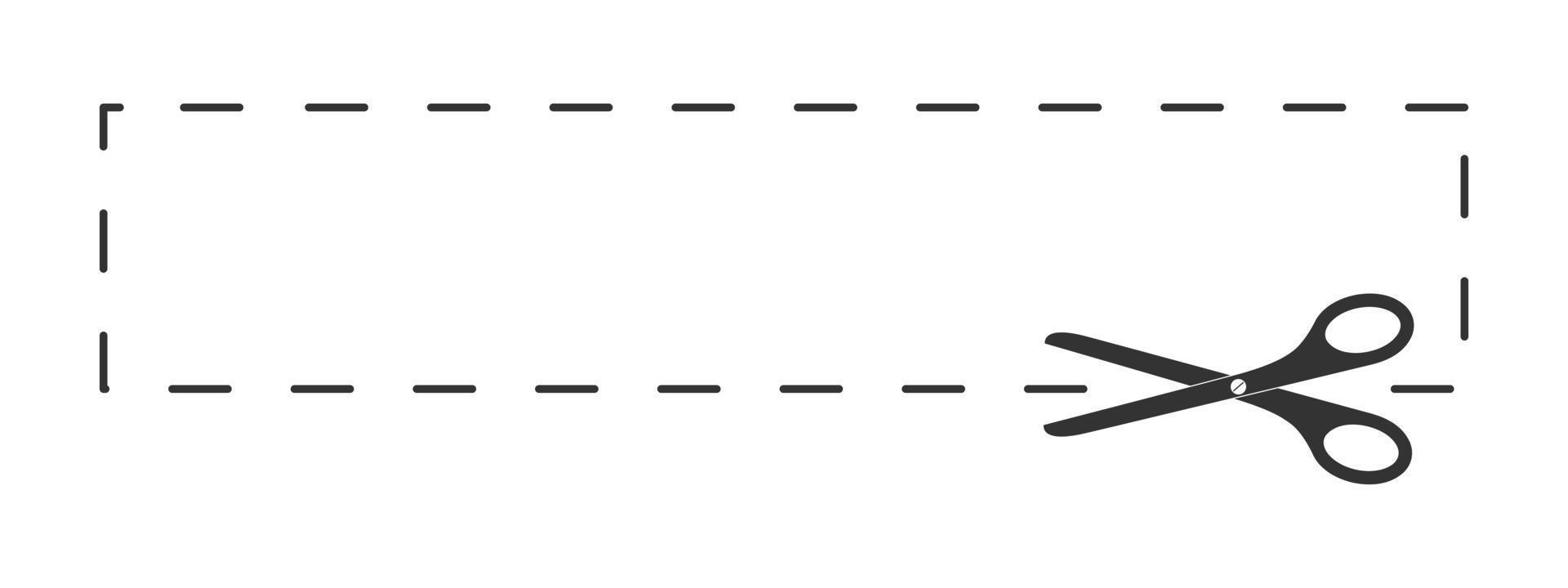 ciseaux coupant la forme rectangulaire bordée de pointillés. couper ici le symbole du coupon de réduction papier, du bon de réduction, du code promotionnel vecteur