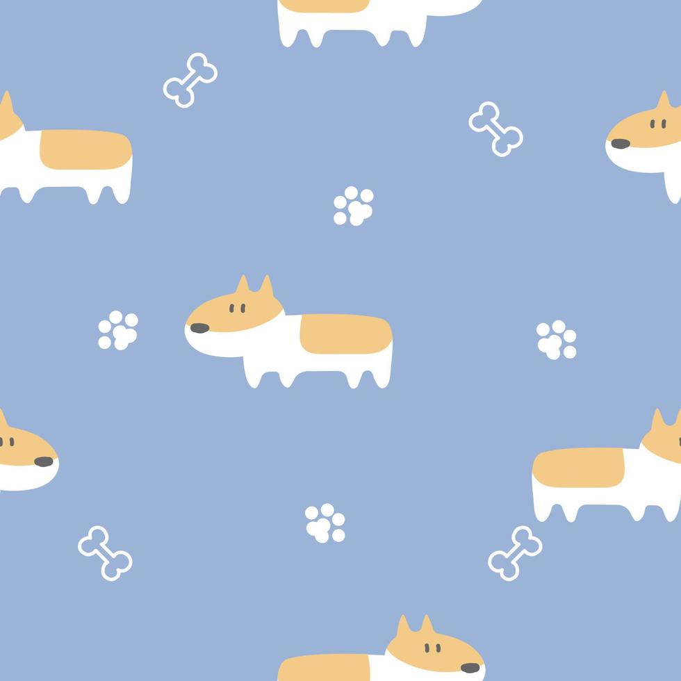 motif de répétition de chien corgi animal mignon sans couture avec os, patte d'impression de pied en fond bleu illustration vectorielle plate conception de personnage de dessin animé vecteur