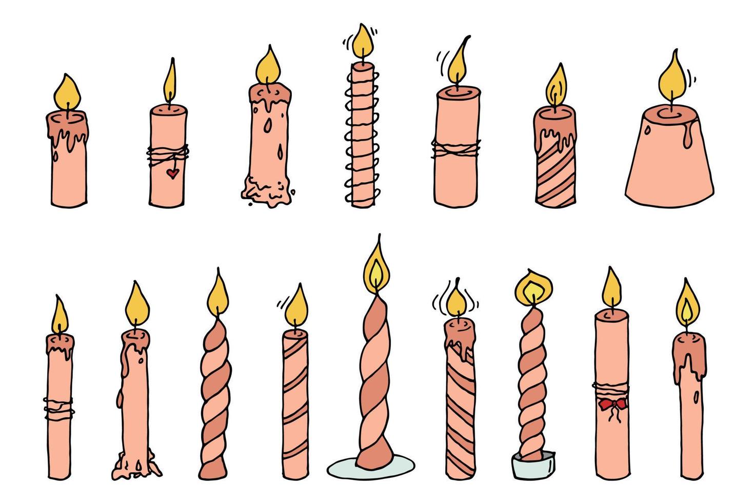 ensemble de bougies d'anniversaire brûlantes. illustration de doodle unique. clipart dessiné à la main pour carte, logo, design vecteur