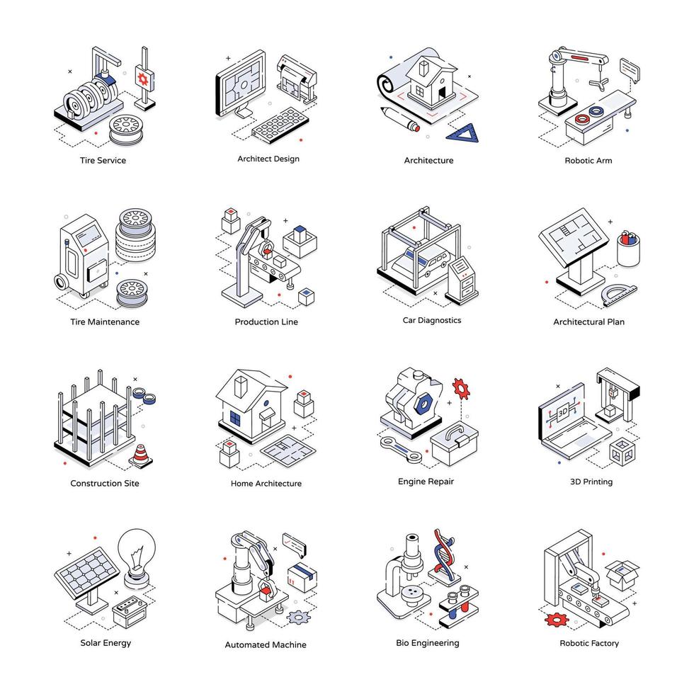 pack d'icônes isométriques d'ingénierie vecteur