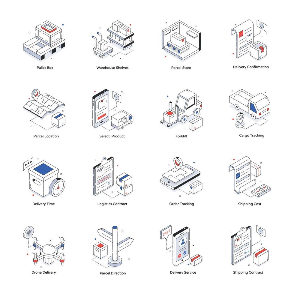 pack d'icônes isométriques de stock d'entrepôt vecteur