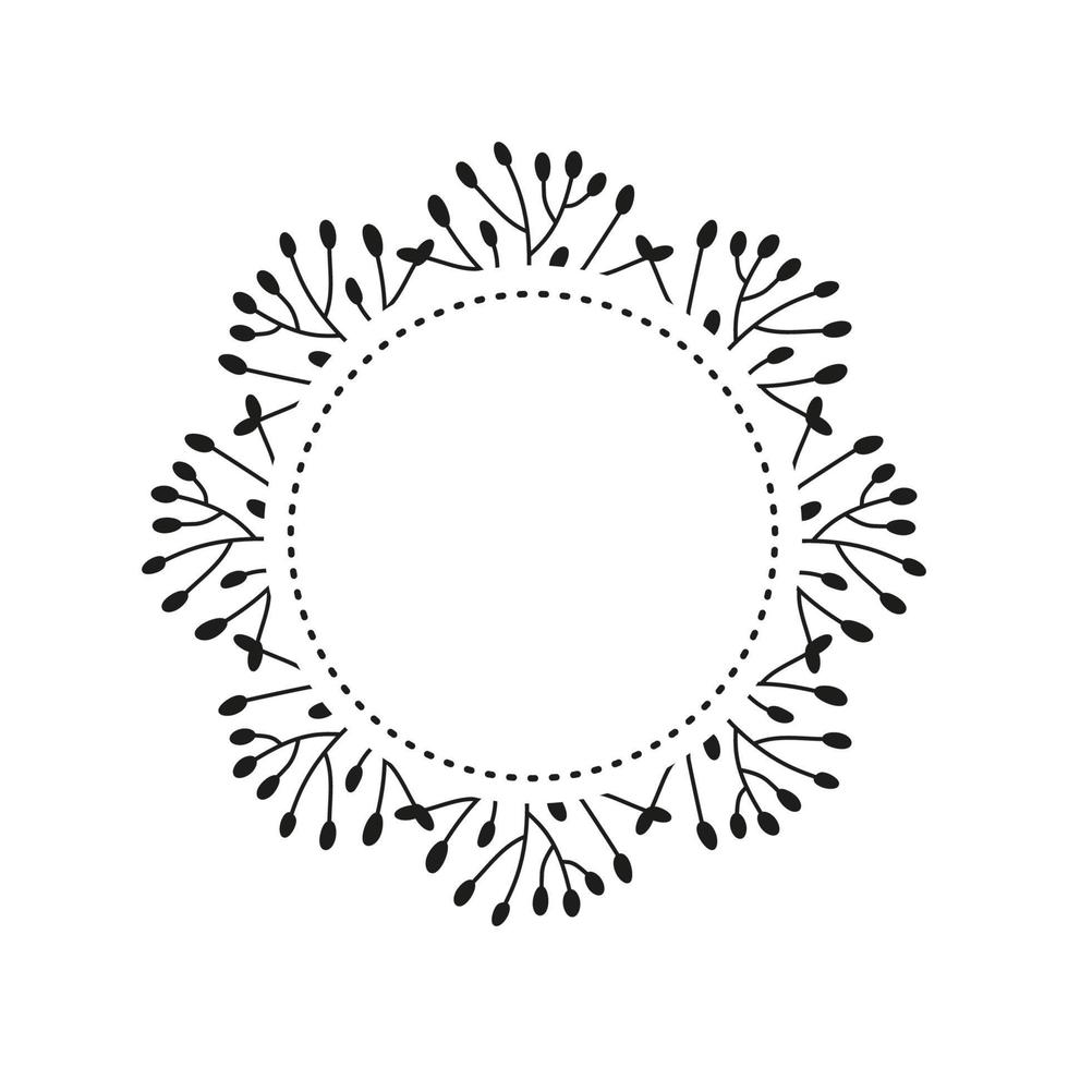 couronne ronde avec des brindilles feuillues noires doodle ou des herbes sauvages. vecteur