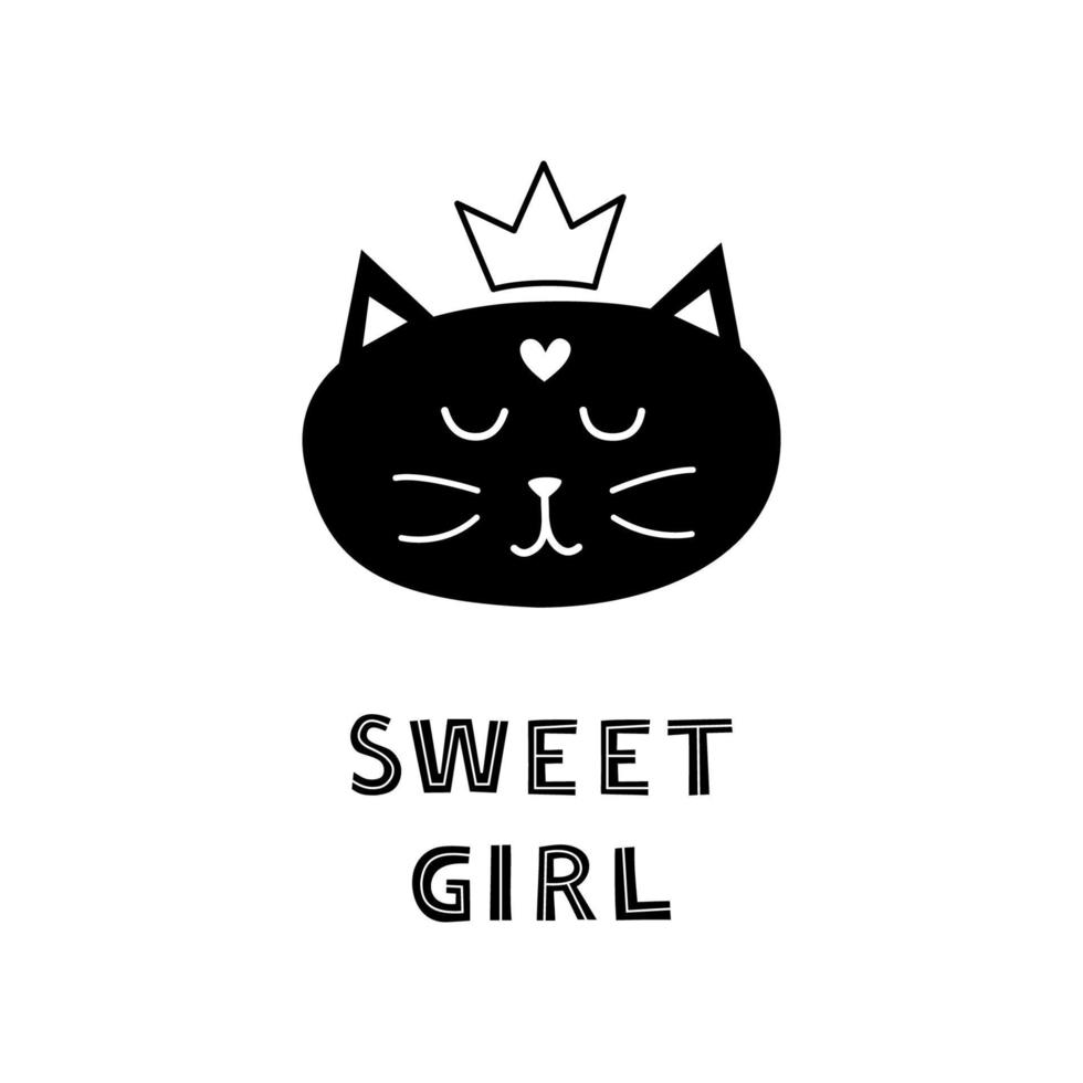 visage de chat doodle avec lettrage sweet girl. vecteur