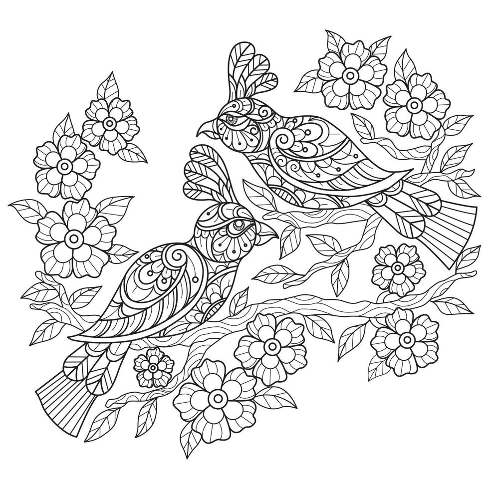 oiseaux et fleurs dessinés à la main pour un livre de coloriage pour adultes vecteur