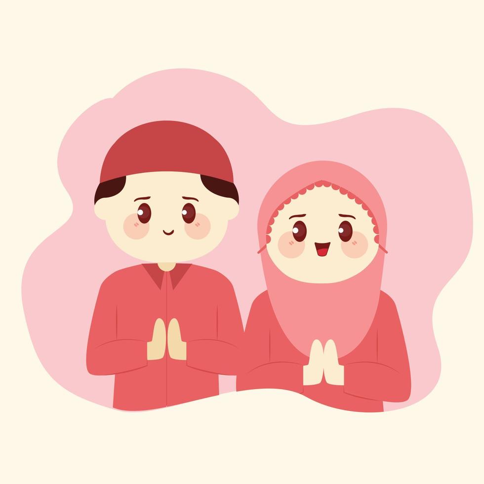 joli couple dessin animé musulman disant joyeux mois sacré du ramadan illustration vectorielle plane vecteur