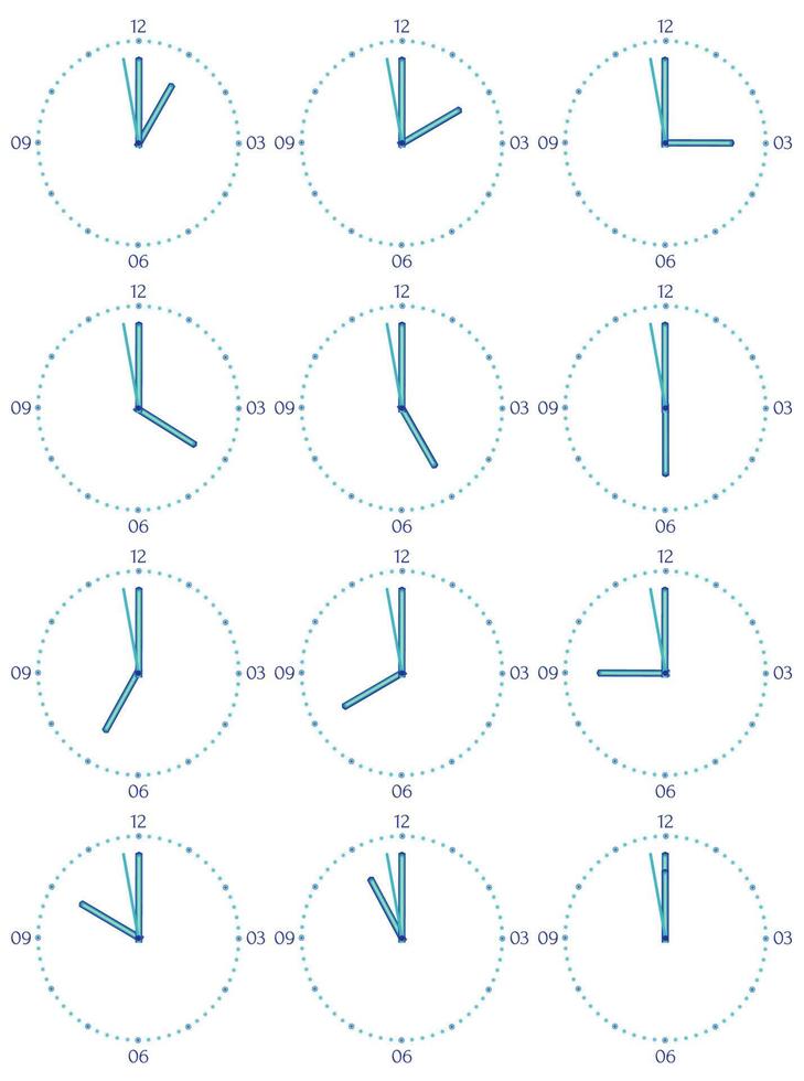 un ensemble d'horloges mécaniques avec une image de chacune des douze heures. cadran d'horloge sur fond blanc. vecteur