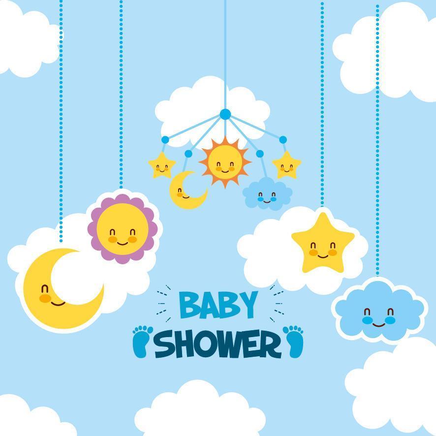 carte de douche de bébé avec des icônes mignonnes suspendues vecteur