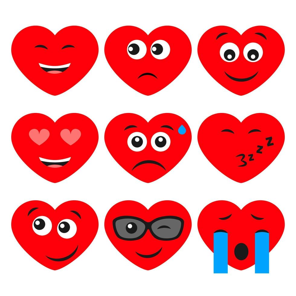 ensemble de neuf coeurs de dessin animé avec émotions. icône emoji dans les symboles de l'amour. illustration vectorielle vecteur