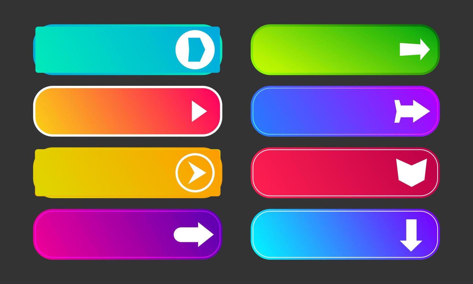 boutons dégradés colorés avec des flèches. ensemble de huit boutons web abstraits modernes. illustration vectorielle vecteur