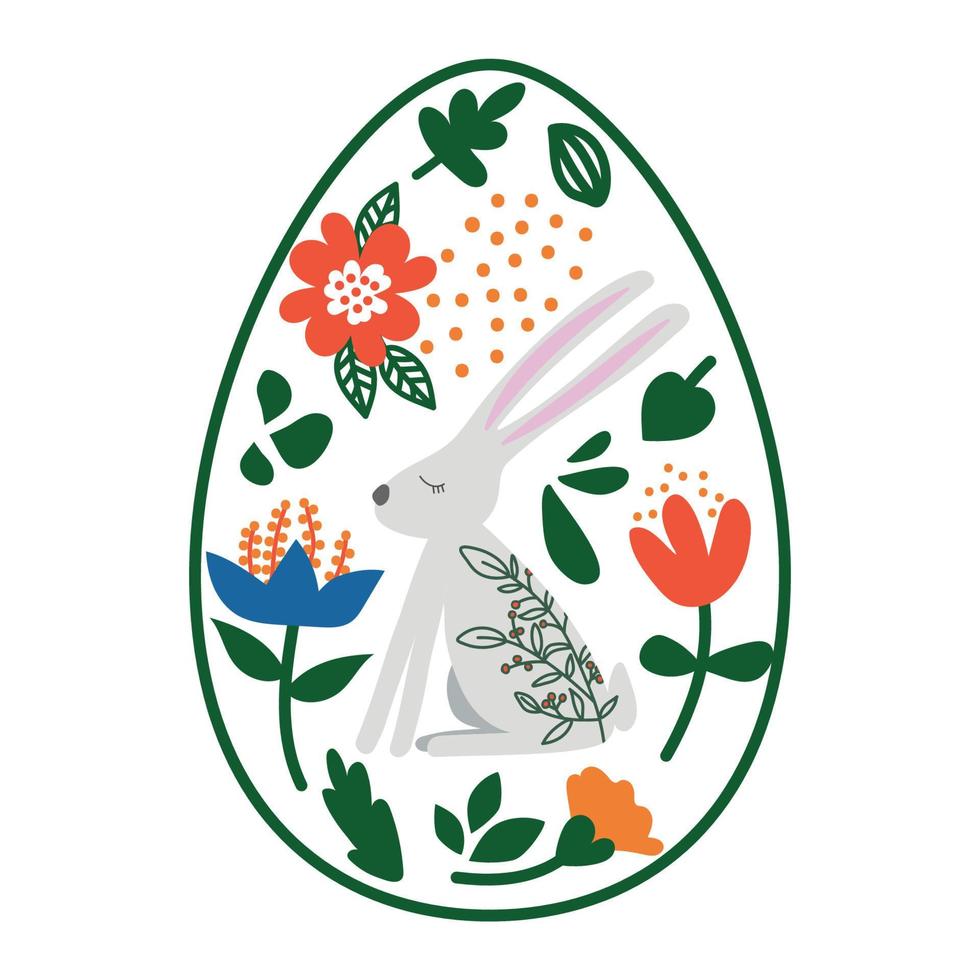 oeuf de pâques blanc peint avec des fleurs et des lapins sur fond blanc. clipart festif vecteur