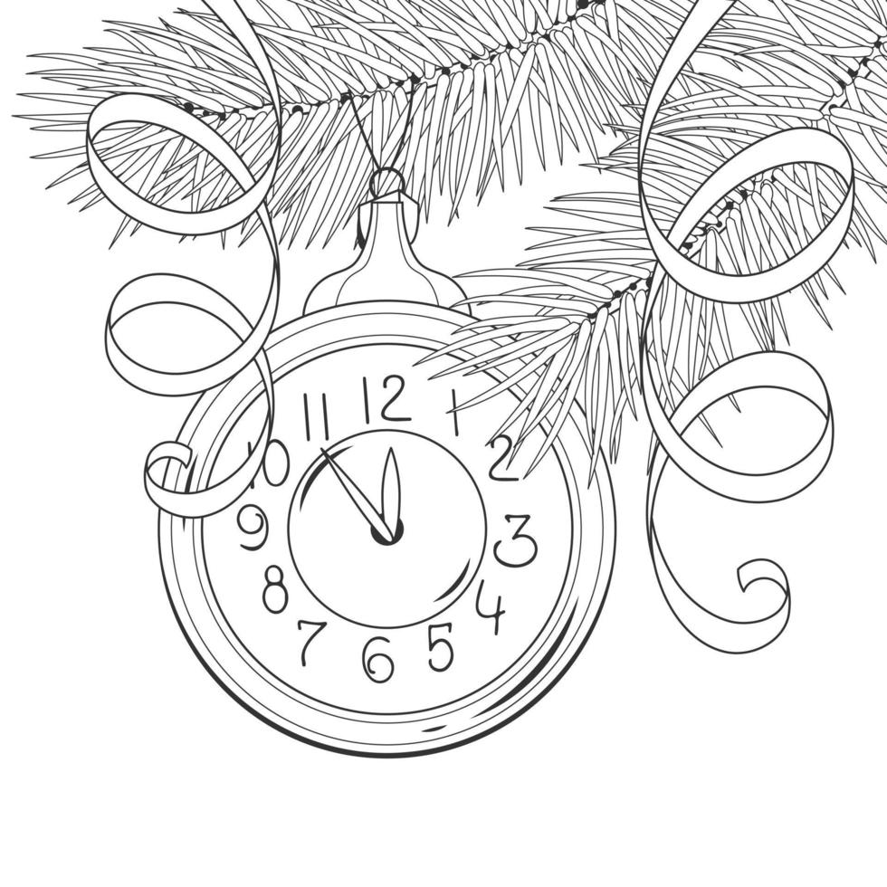 branches d'arbre de noël avec un jouet d'arbre de noël sous la forme d'une horloge. nouvelle année. illustration vectorielle. isolé sur blanc. livre de coloriage pour enfants. graphique monochrome, noir et blanc. vecteur