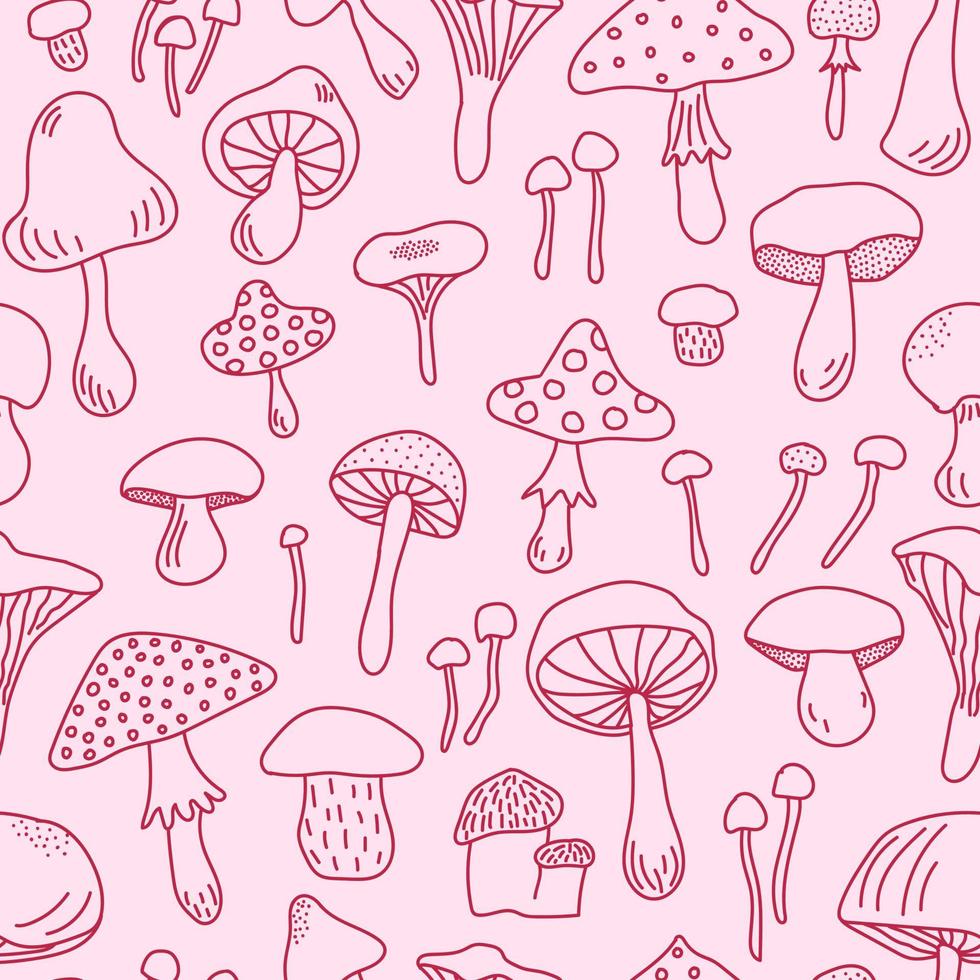 motif harmonieux de couleur tendance viva magenta. différents types d'illustrations dessinées à la main de champignons sur fond rose. adapté à l'impression. vecteur