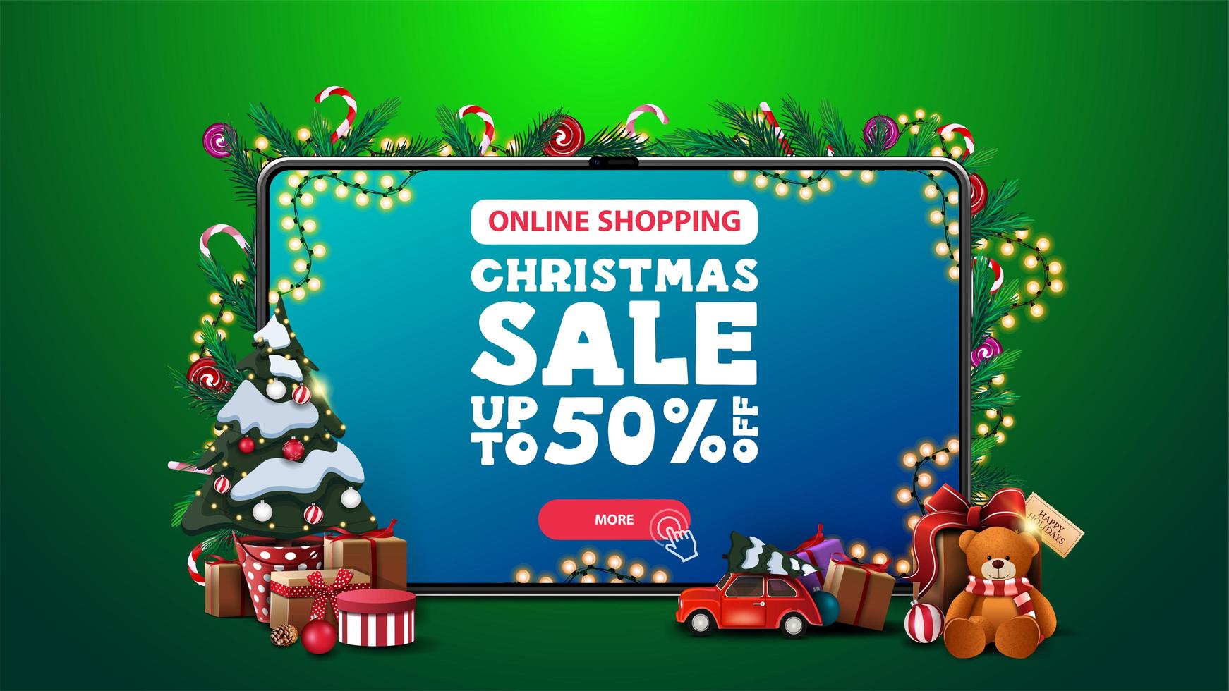 achats en ligne, vente de noël, bannière de réduction avec grande tablette avec offre et bouton à l'écran et arbre de Noël dans un pot avec des cadeaux vecteur