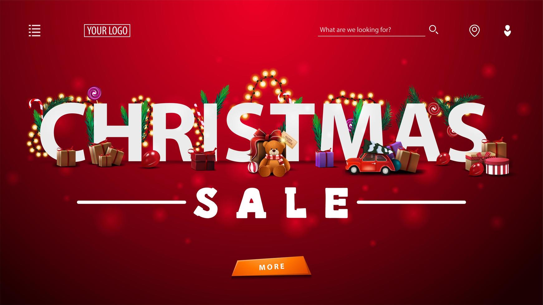vente de Noël, bannière de réduction rouge avec grand titre blanc 3d décoré de cadeaux, branches d'arbres de Noël, bonbons et guirlandes, grande offre et bouton. vecteur