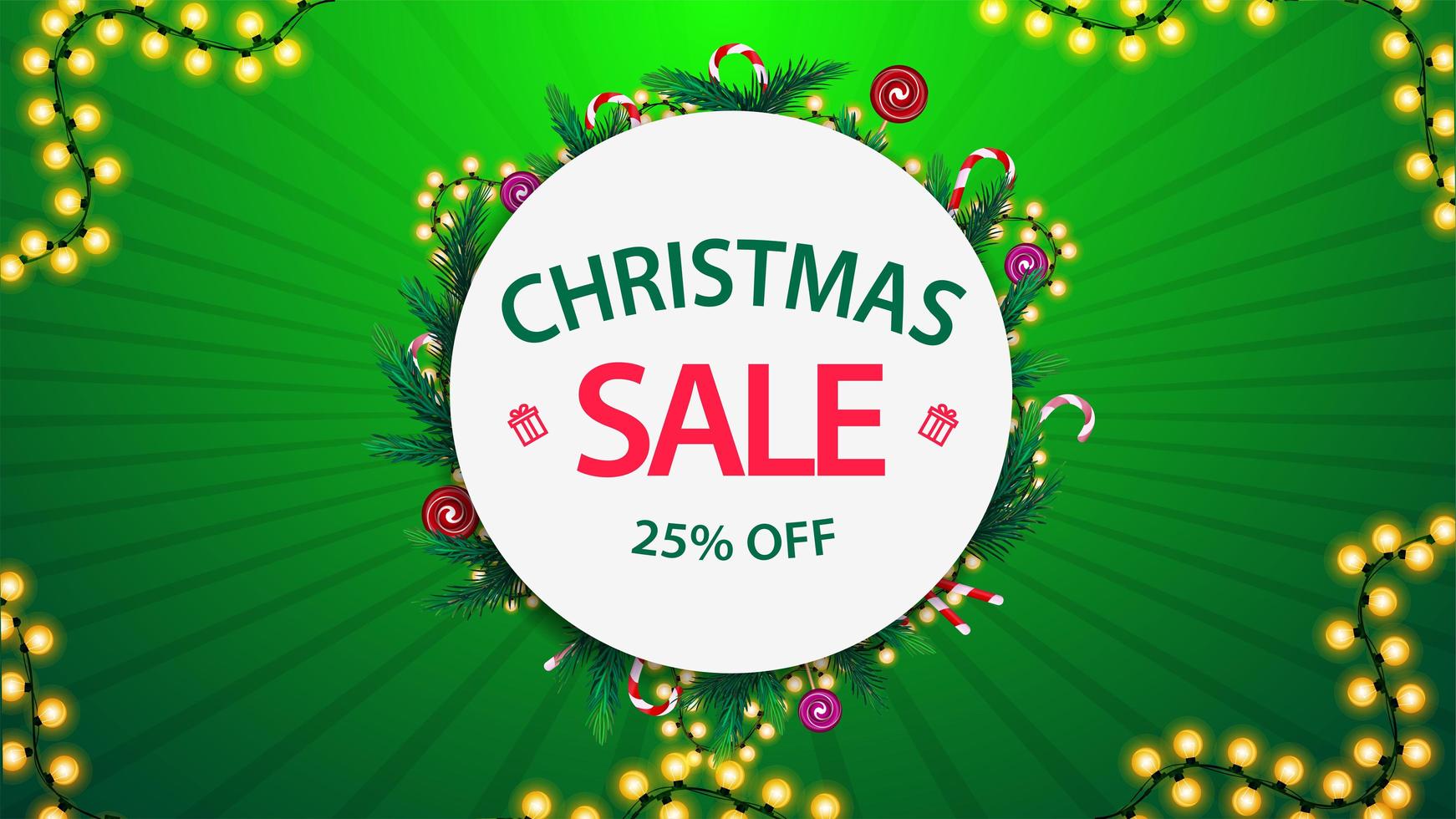 vente de Noël, jusqu'à 25 de réduction, bannière de réduction verte et blanche avec cadre rond de branches d'arbres de Noël et de guirlandes vecteur