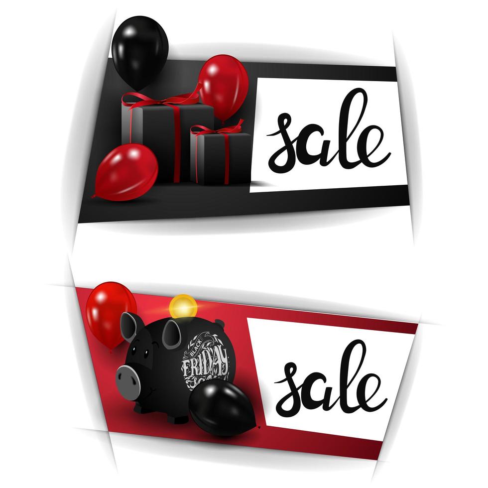 vente de vendredi noir, deux bannières de remises horizontales avec tirelire, ballons et cadeaux vecteur