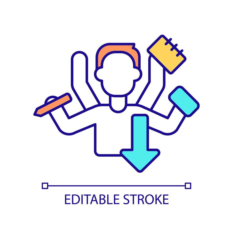 compétences multitâches de l'icône de couleur rvb des employés de l'entreprise. réduire la charge de travail au bureau. évaluation de la productivité. illustration vectorielle isolée. dessin au trait rempli simple. trait modifiable vecteur