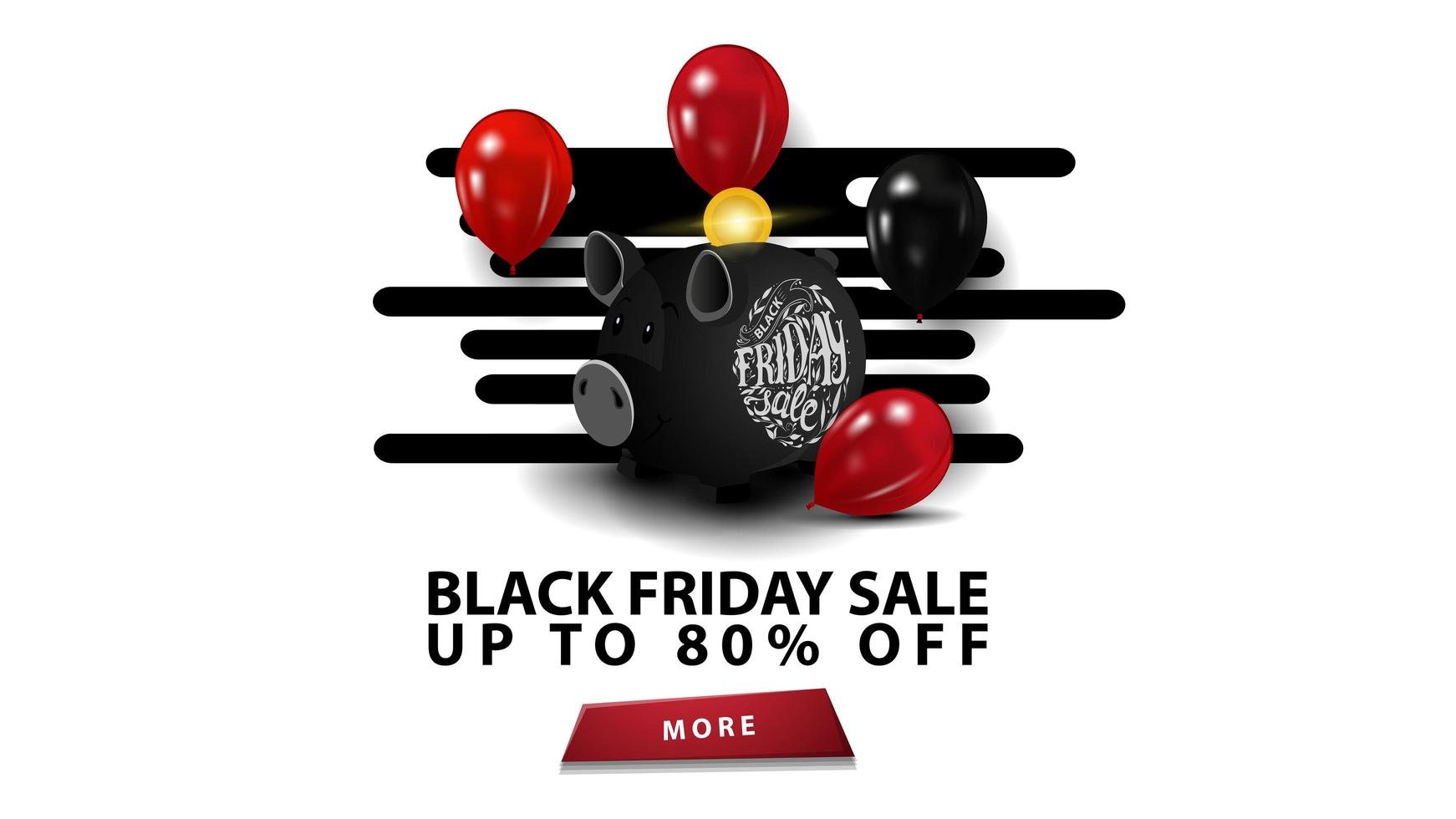 vente de vendredi noir, jusqu'à 80 de réduction, modèle noir créatif dans un style moderne minimaliste avec tirelire et ballons. vecteur