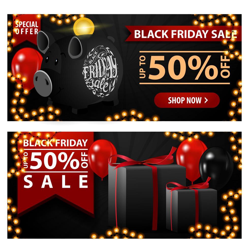 vente de vendredi noir, jusqu'à 50 de réduction, deux bannières de réduction horizontales noires avec tirelire, ballons et cadeaux. vecteur