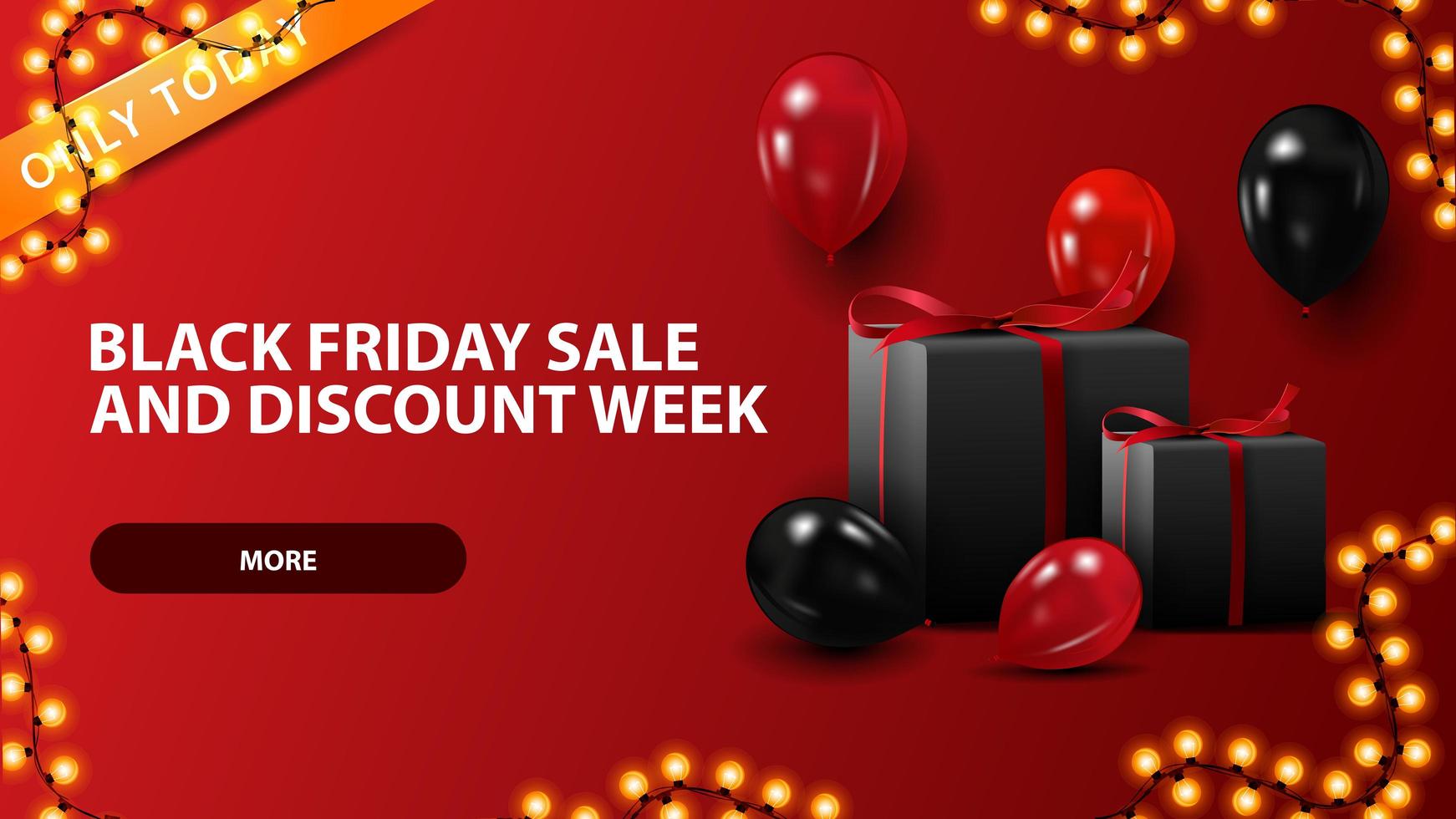 Vente de vendredi noir et semaine de réduction, bannière web de réduction horizontale rouge avec des ballons et des cadeaux vecteur