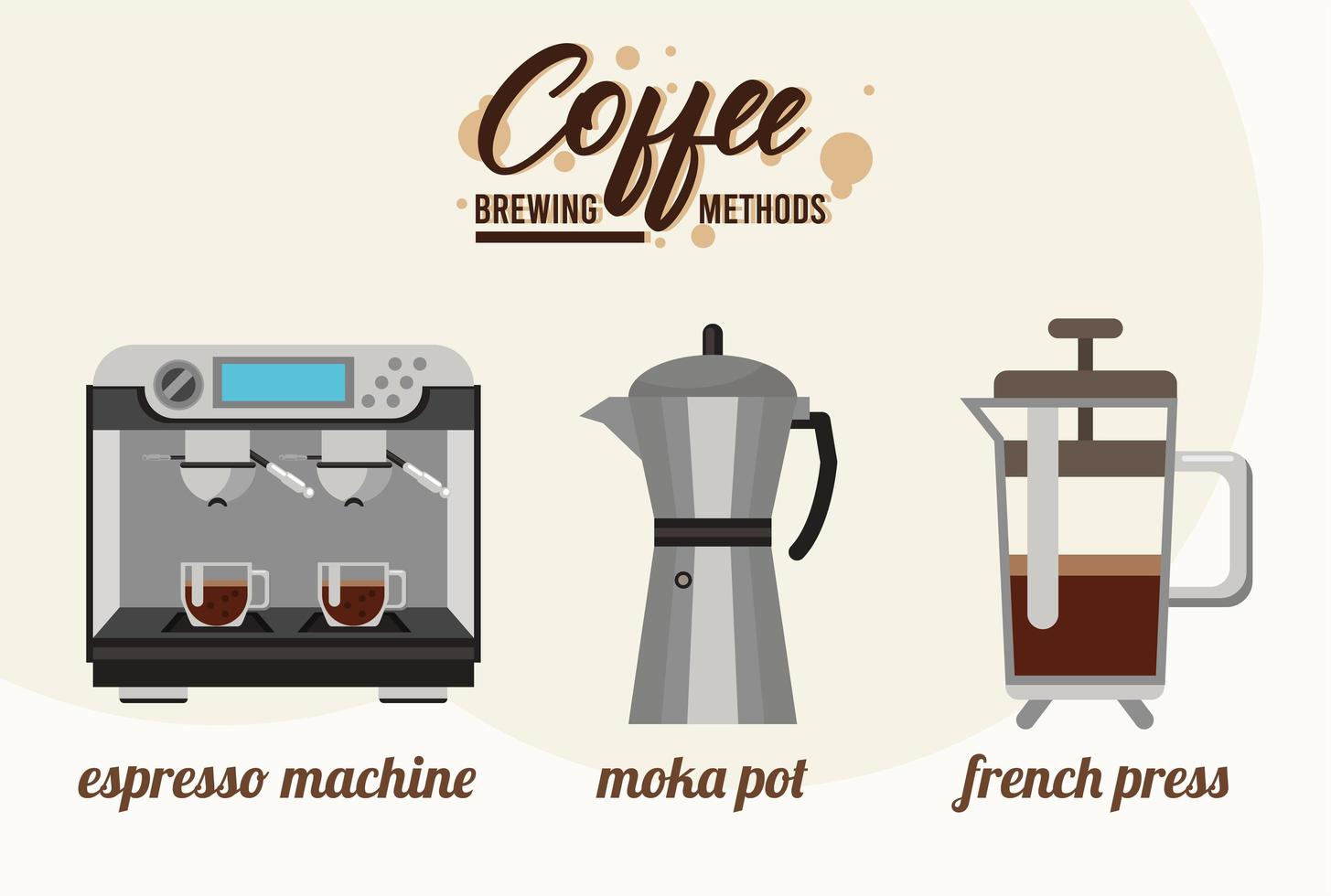 trois méthodes de préparation du café ensemble d'icônes vecteur