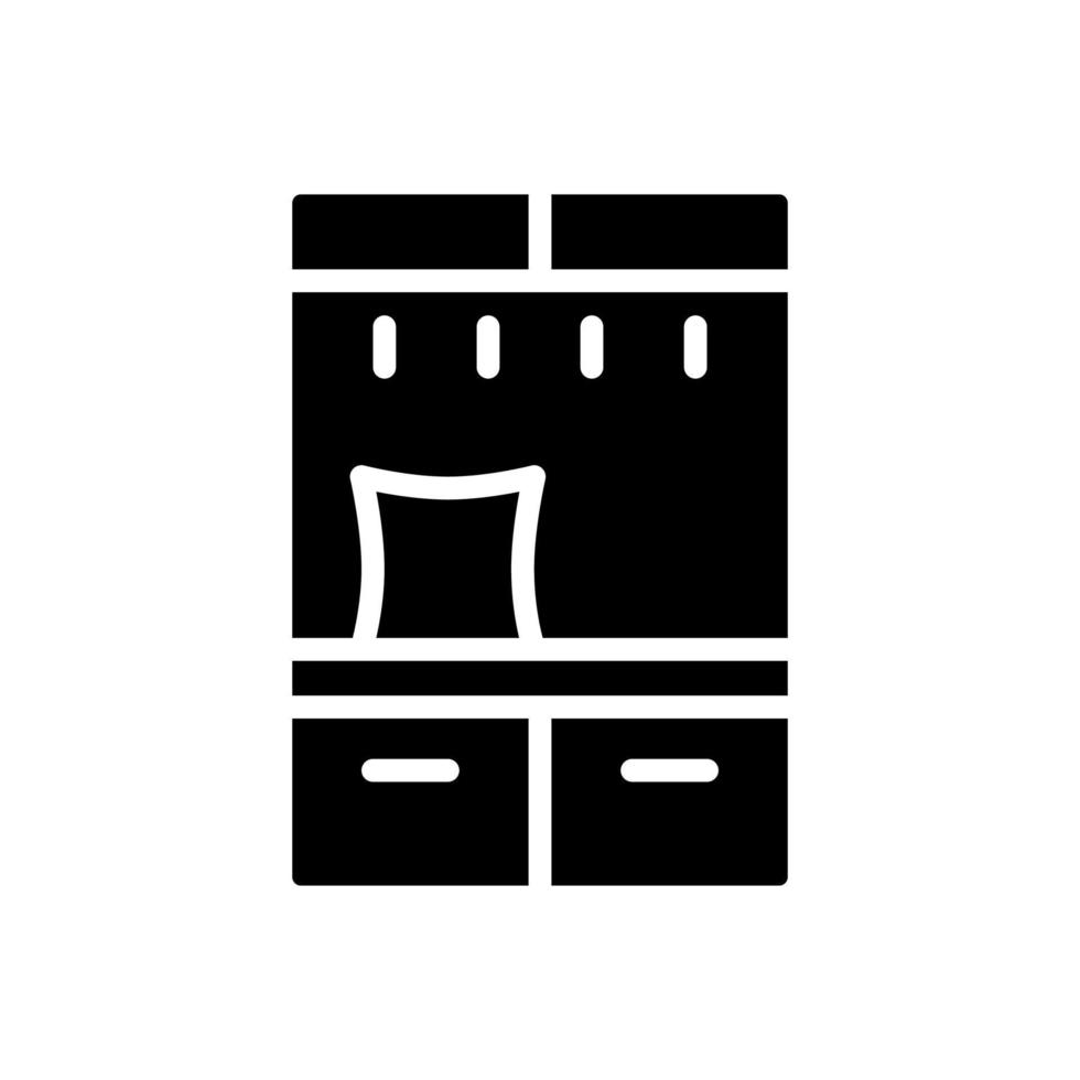 icône de glyphe noir d'arbre de hall. armoire de rangement avec patères et banc. magasin de meubles contemporains modernes. symbole de la silhouette sur l'espace blanc. pictogramme solide. illustration vectorielle isolée vecteur