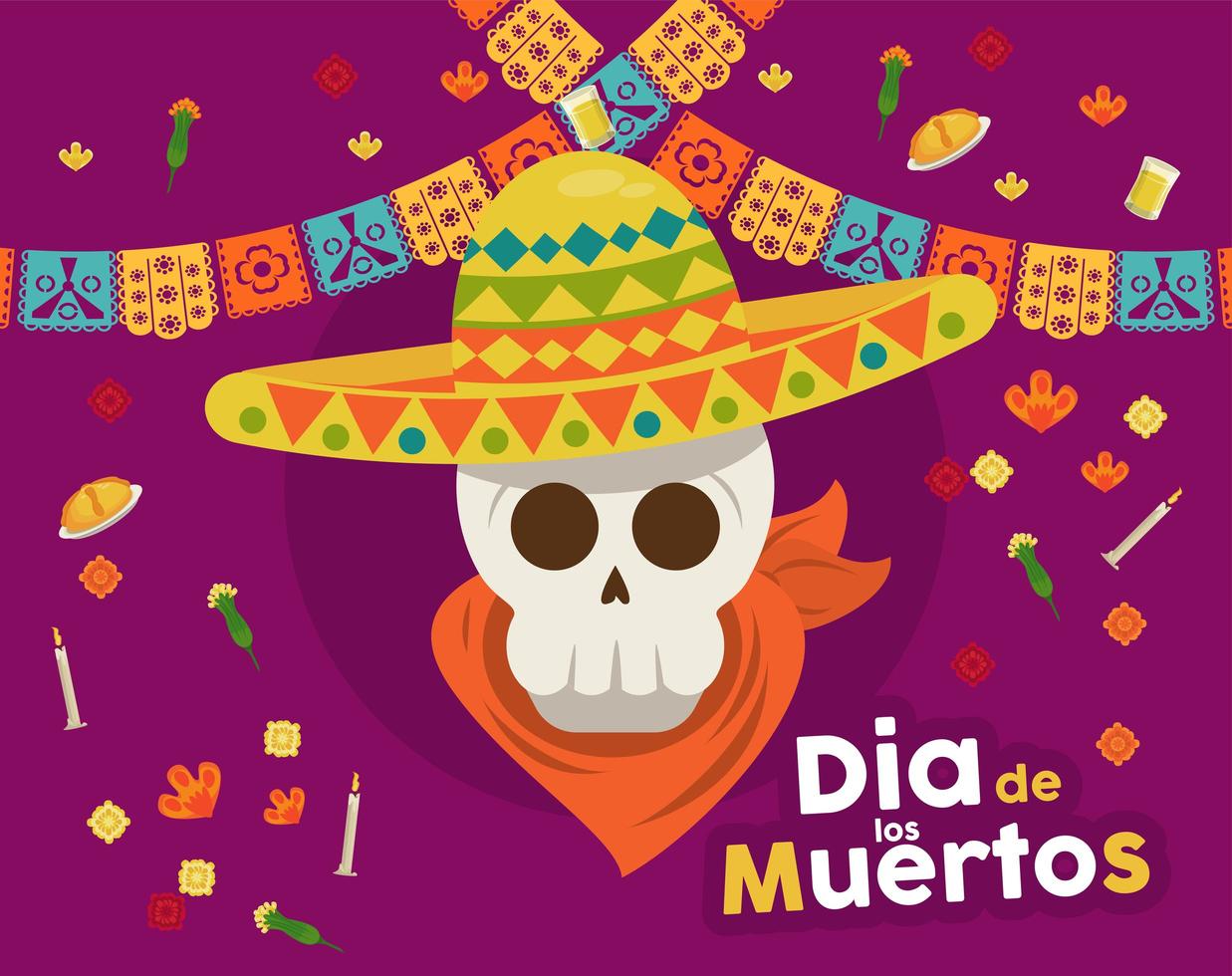 affiche de dia de los muertos avec crâne et guirlandes de mariachi vecteur